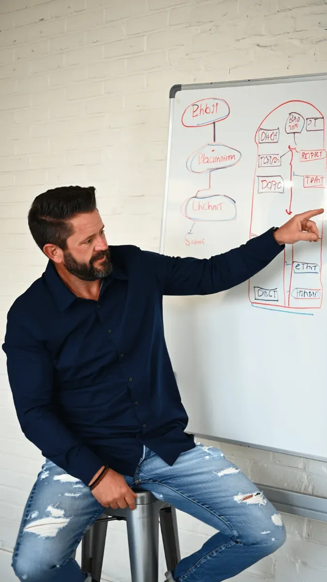 Wayne Salmans mapping a plan out on a whiteboard